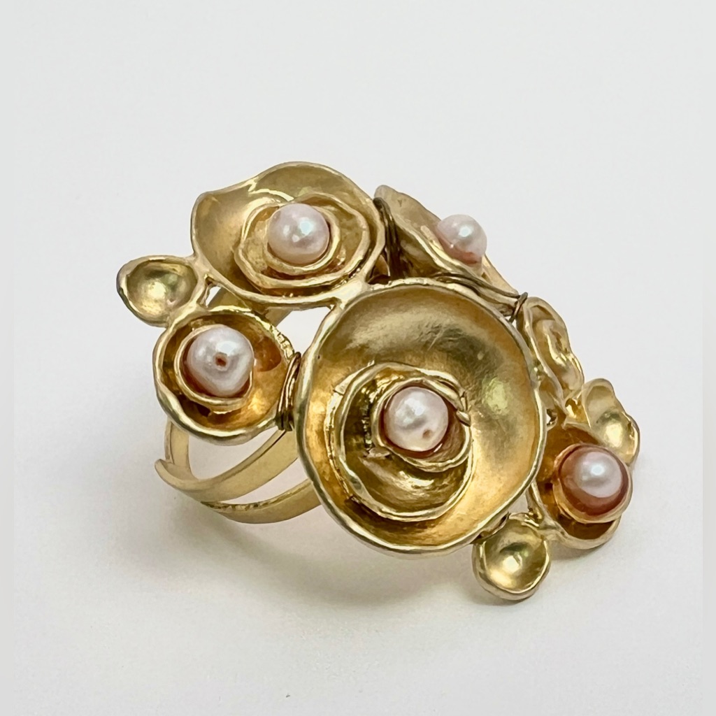 Arty Flower Style Ring Handmade Gold Tone With Pearl Beads Adjustable
